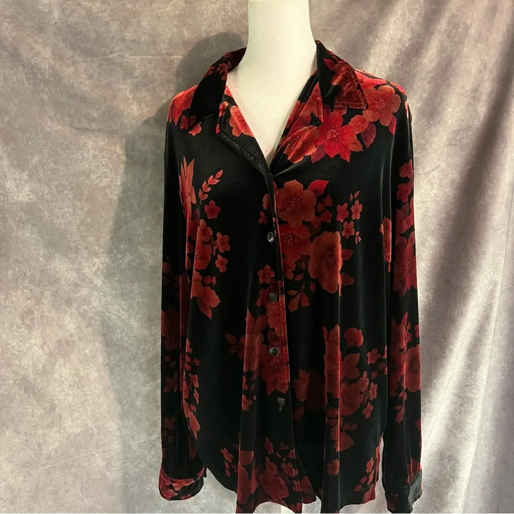 Sag Harbor Floral Velvet Button-Up Shirt Shiny Vintage Retro Party XL - Picture 2 of 16